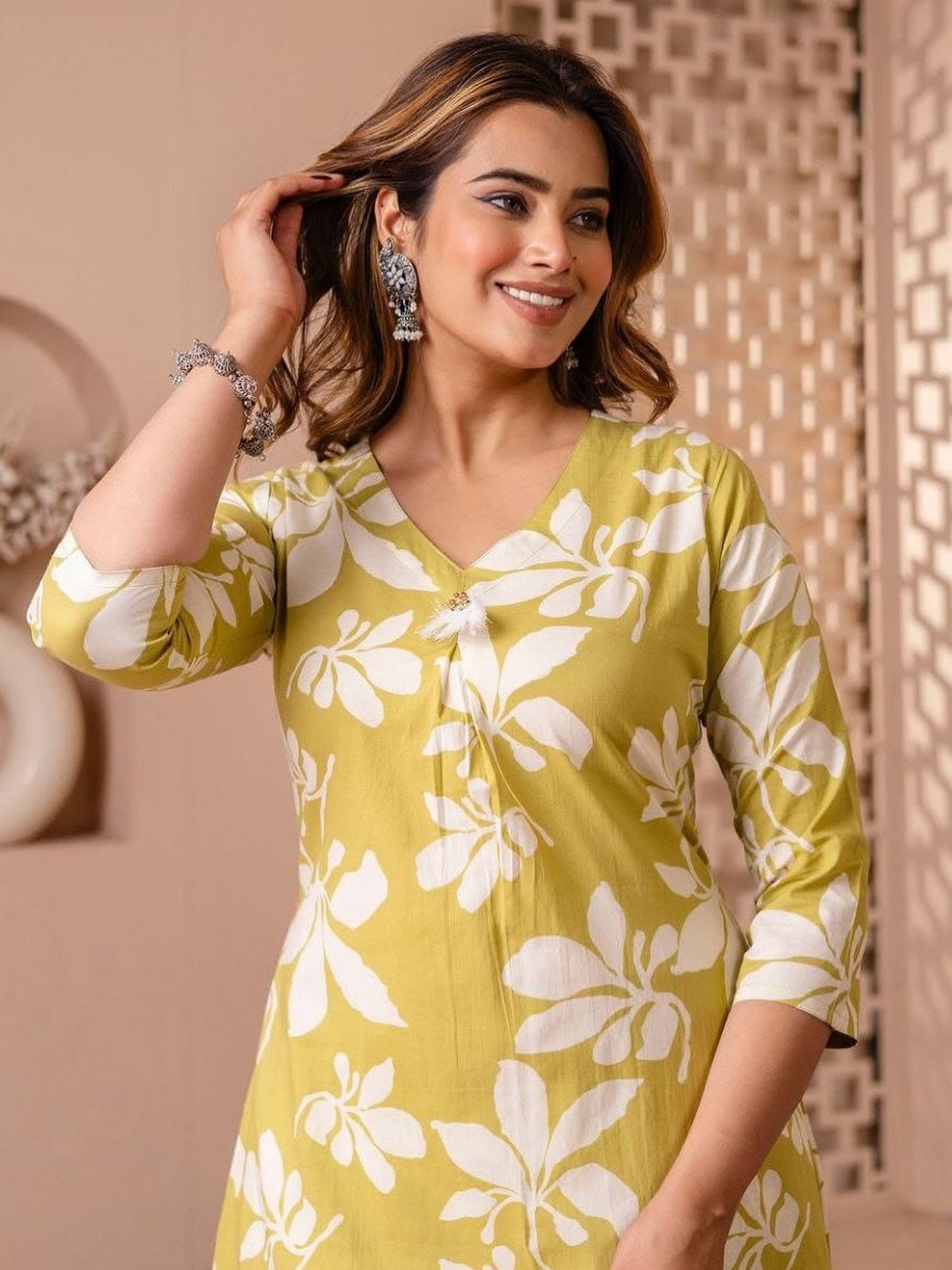 Yellow Rayon Floral Printed Top Bottom Set