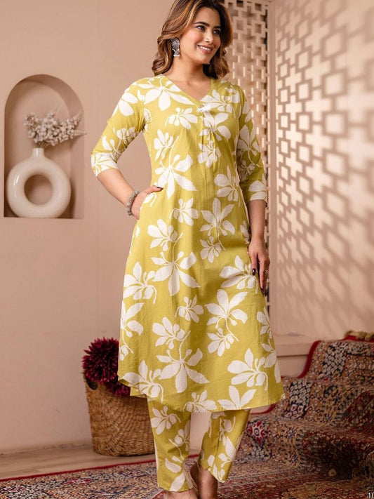 Yellow Rayon Floral Printed Top Bottom Set