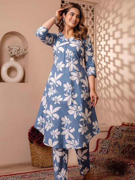 Grey Floral Printed Top Bottom Set