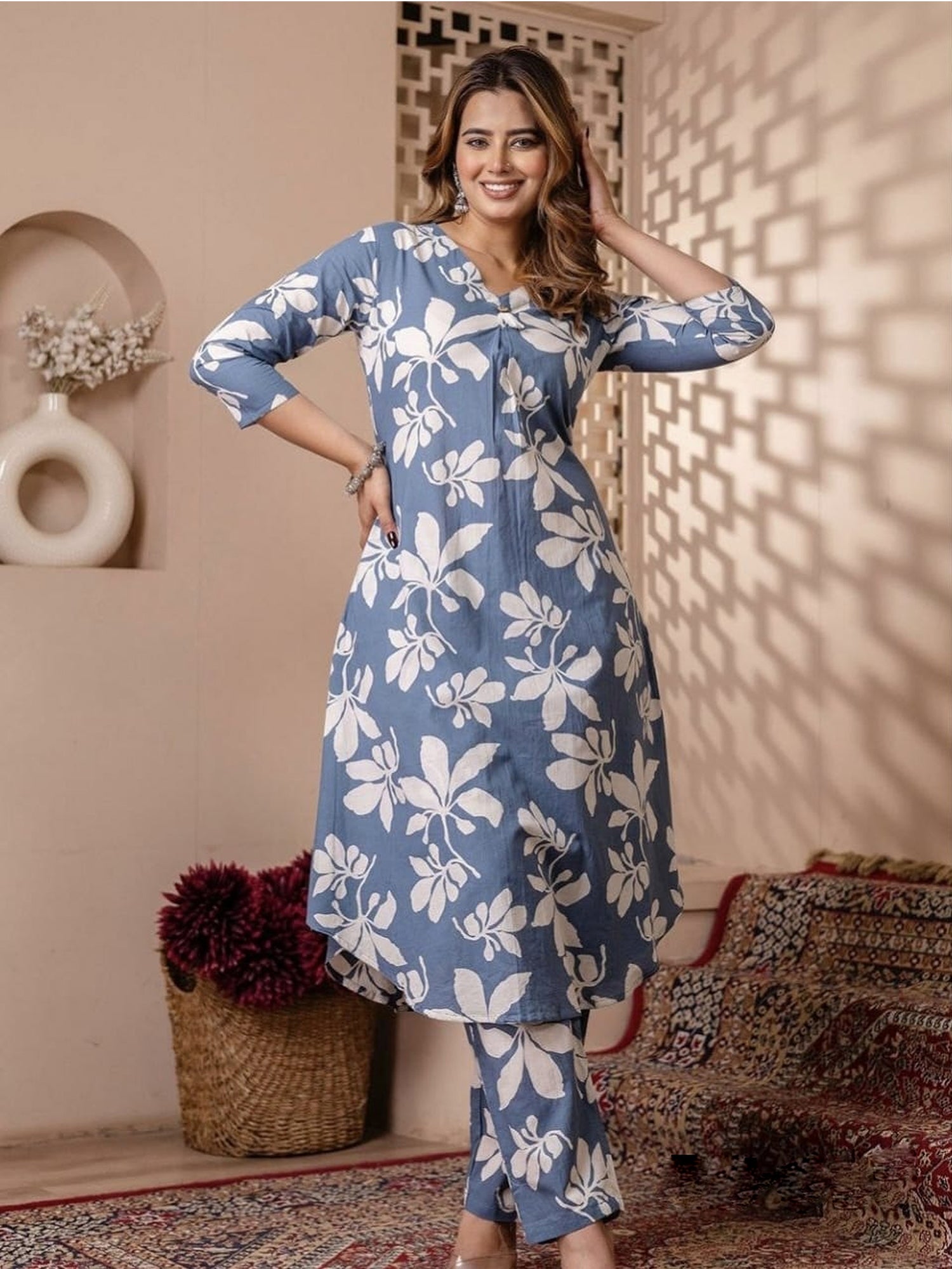 Grey Floral Printed Top Bottom Set