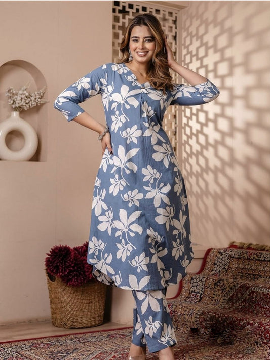 Grey Floral Printed Top Bottom Set