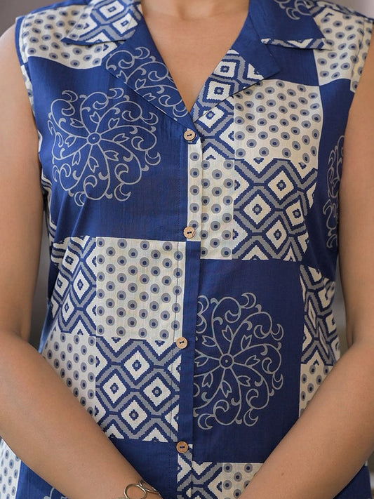 Blue Digital Printed Top Bottom Set In Rayon