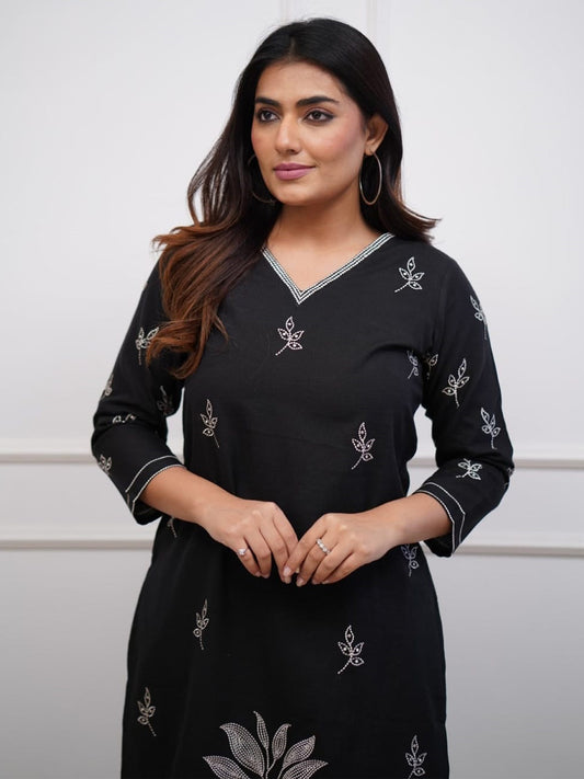 Black Art Silk Embroidered Top Bottom Set