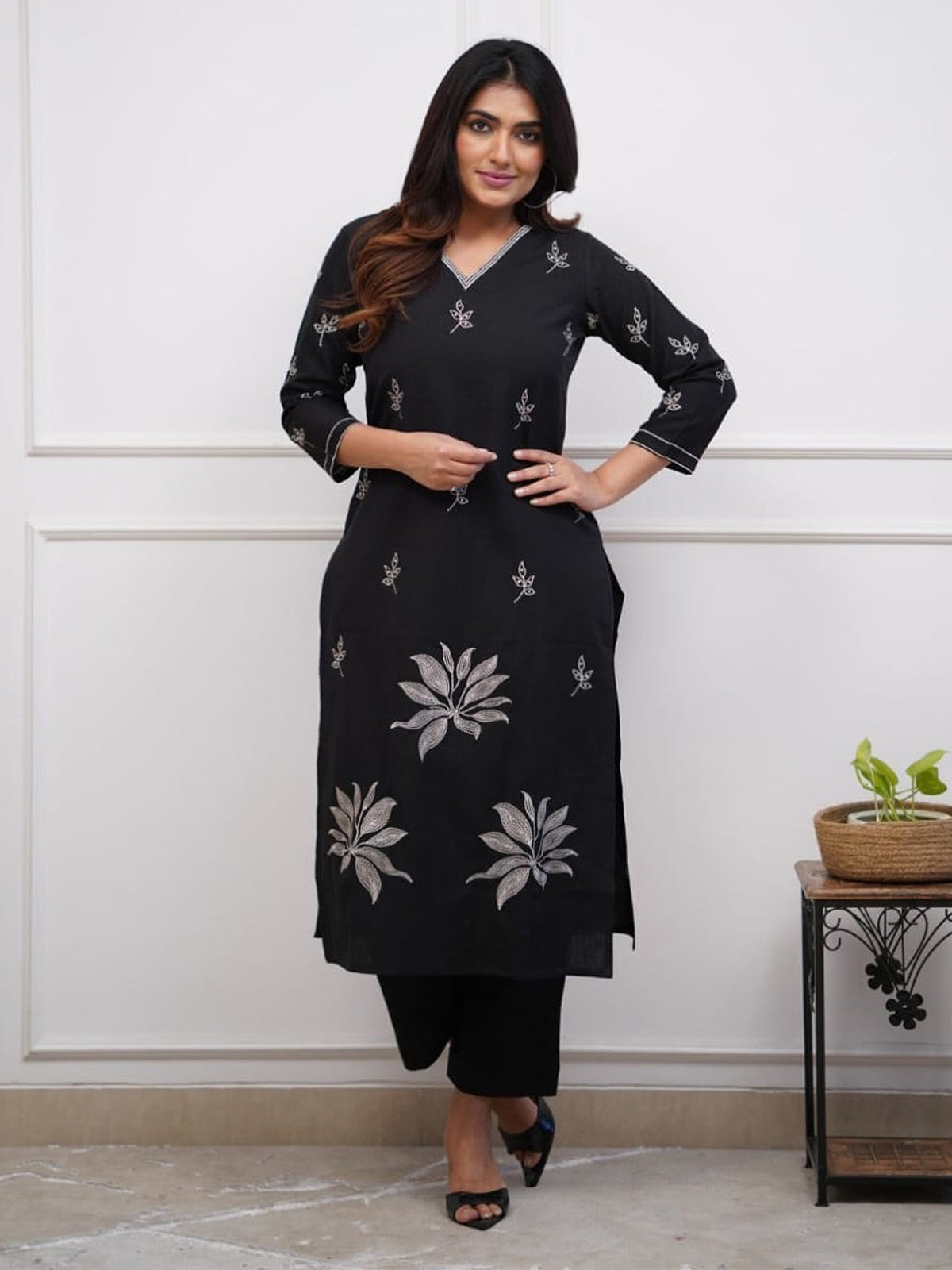 Black Art Silk Embroidered Top Bottom Set