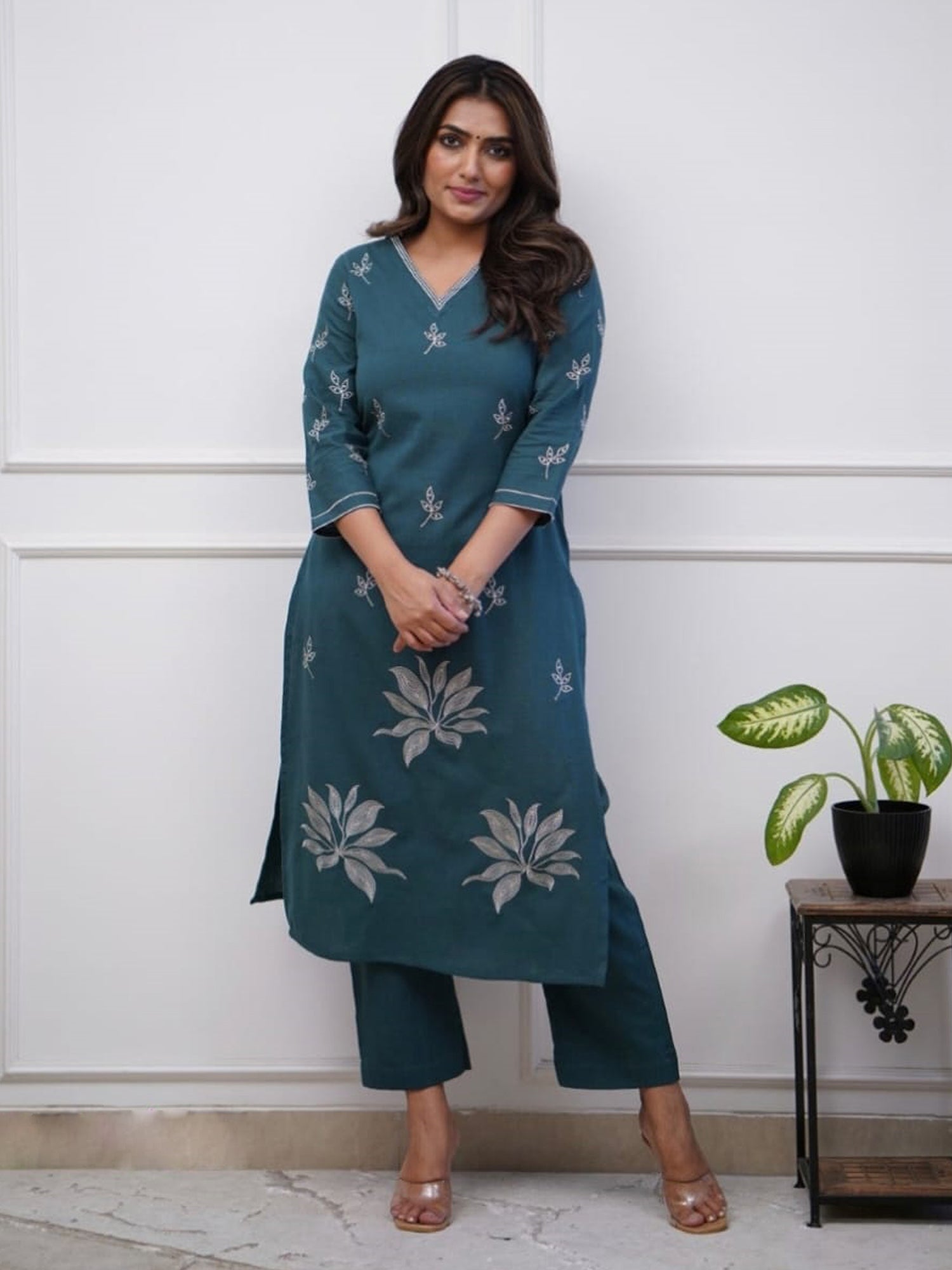 Teal Blue Art Silk Top Bottom Set