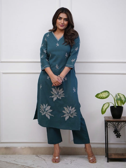 Teal Blue Art Silk Top Bottom Set