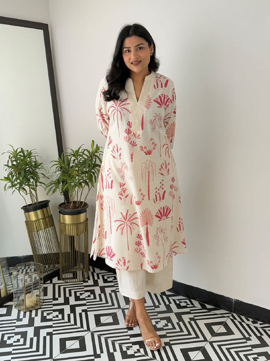 Off White Floral Printed Top Botton Set