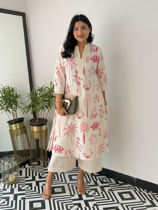 Off White Floral Printed Top Botton Set