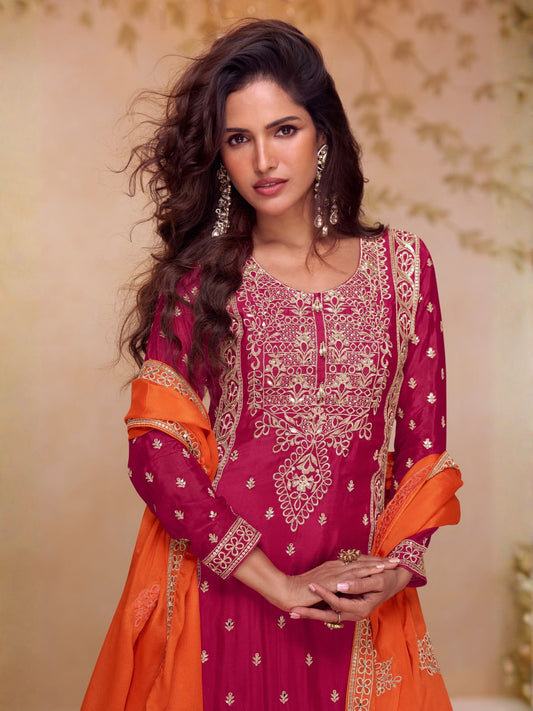 Pink Embroidered  Palazzo Suit Set in Art Silk