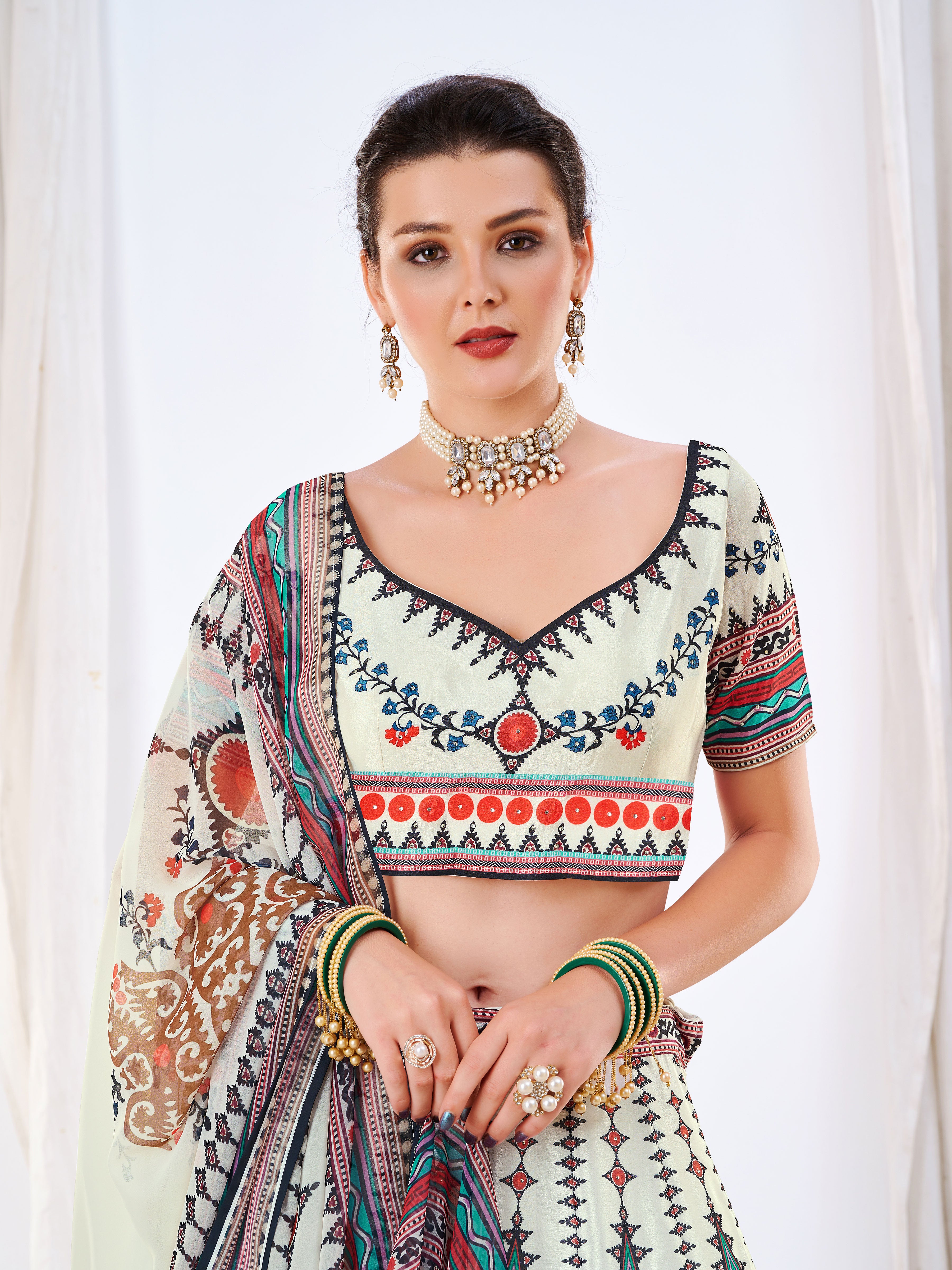 White Digital Print Lehenga In Art Silk