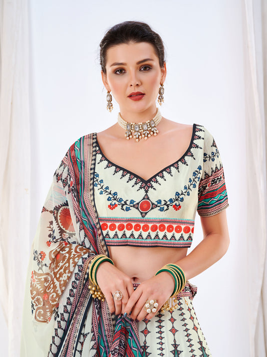 White Digital Print Lehenga In Art Silk