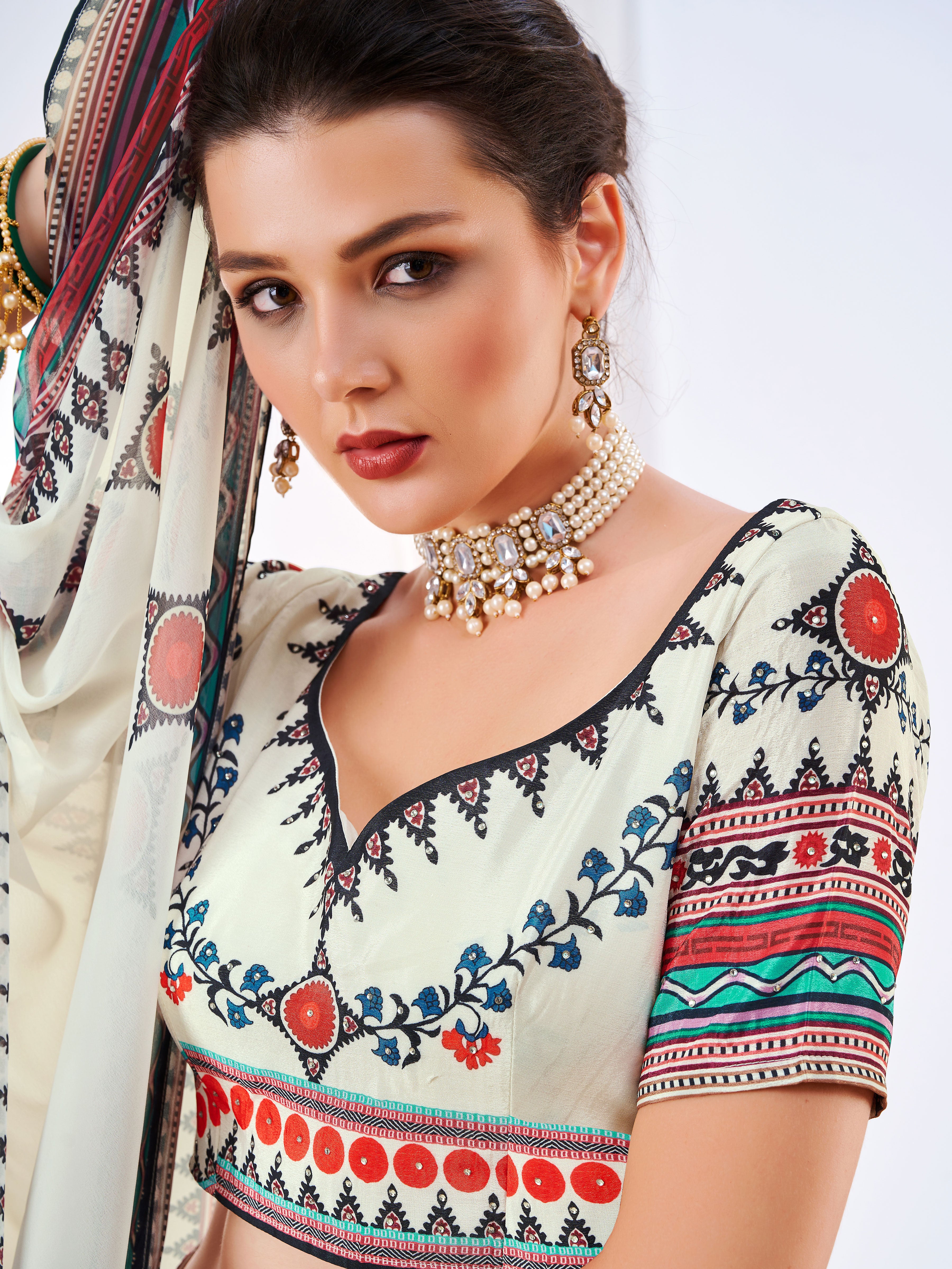 White Digital Print Lehenga In Art Silk