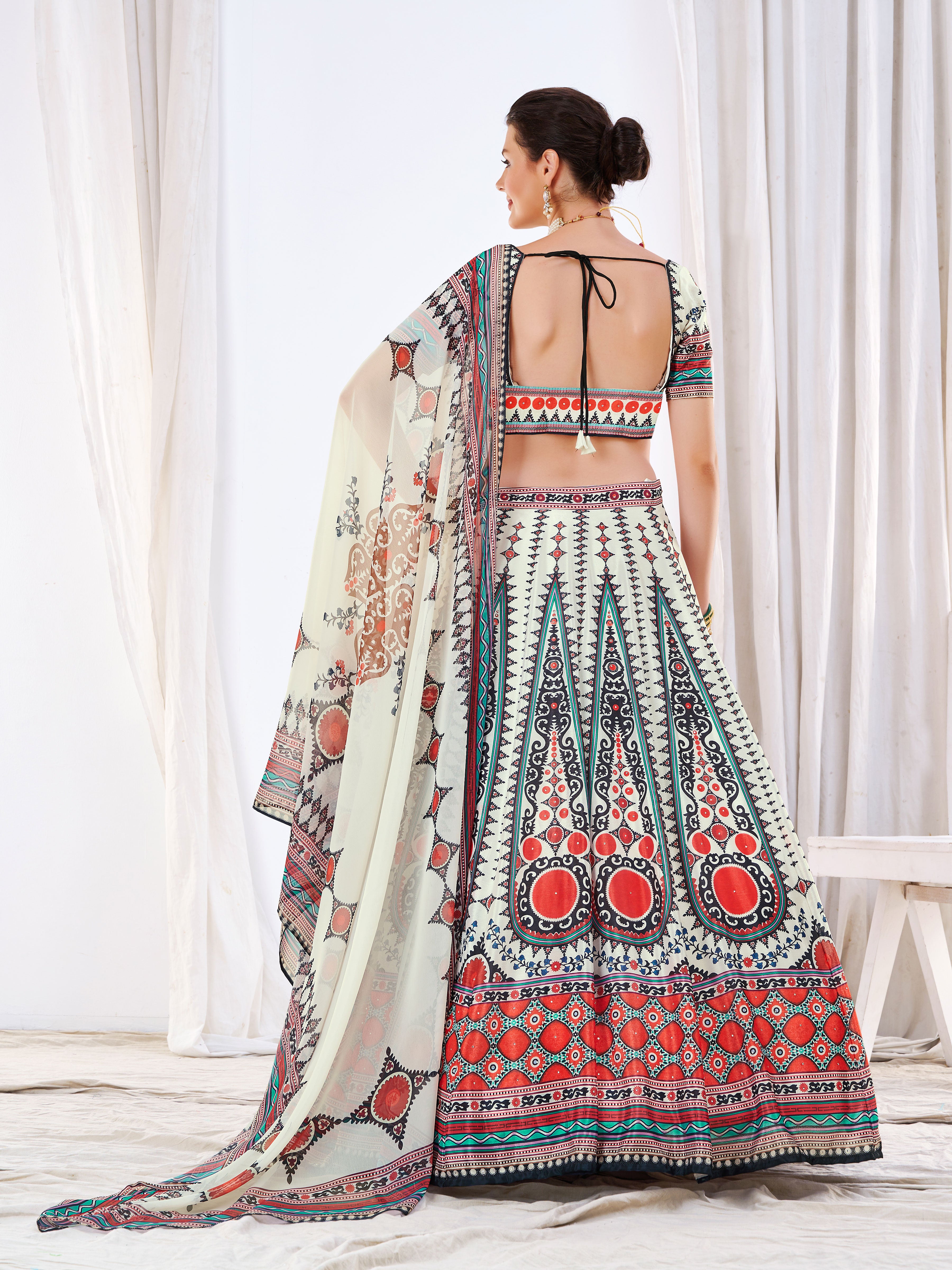 White Digital Print Lehenga In Art Silk