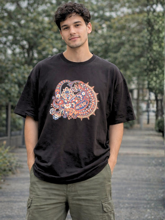 Black Boho Graphic Printed Oversized T-Shirt for Men