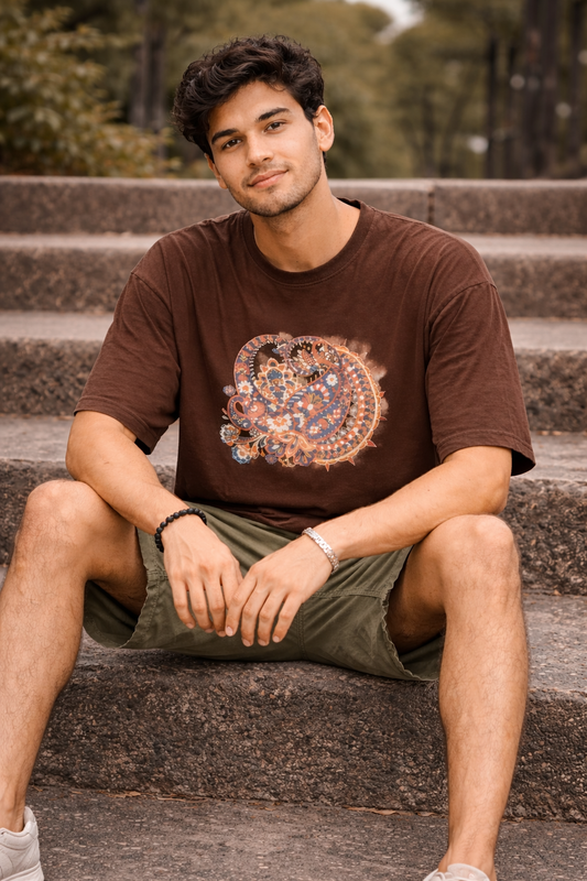 Men's Brown Boho Graphic Printed Oversized T-Shirt