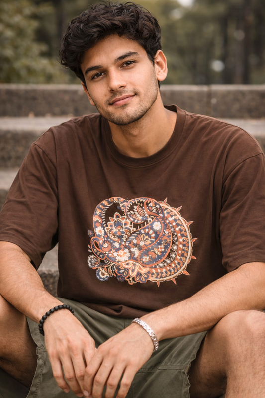 Men's Brown Boho Graphic Printed Oversized T-Shirt