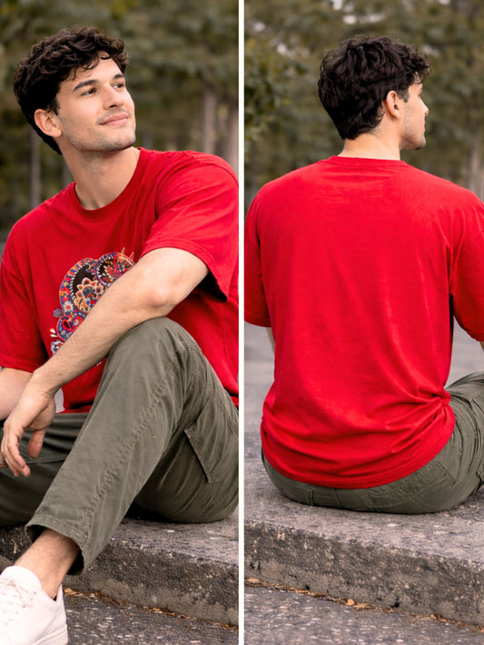 Men's Red Boho Graphic Printed Oversized T-Shirt