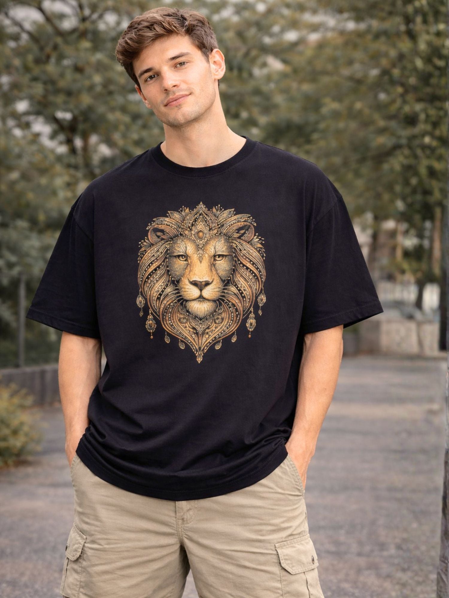 Men's Black Regal Lion Graphic Printed Oversized T-Shirt