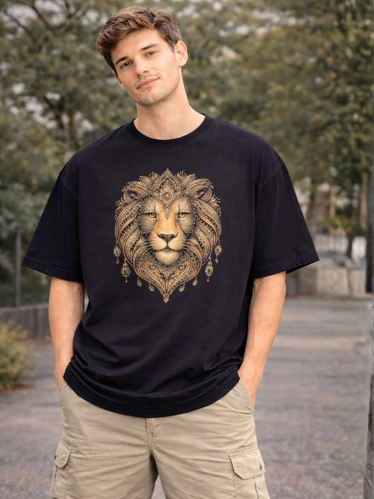 Men's Black Regal Lion Graphic Printed Oversized T-Shirt