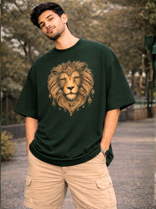 Men's Green Regal Lion Graphic Printed Oversized T-Shirt