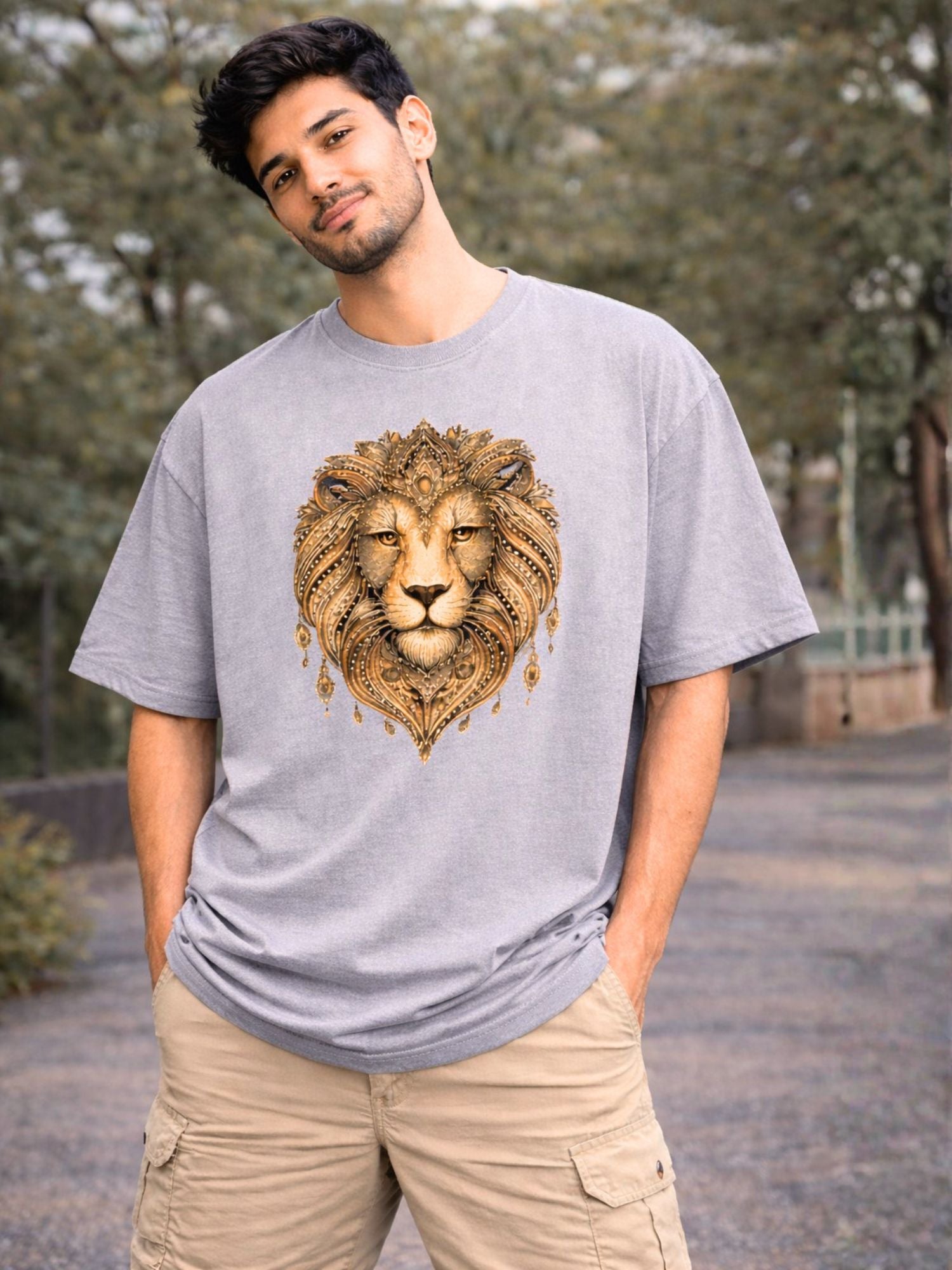 Men's Grey Regal Lion Graphic Printed Oversized T-Shirt
