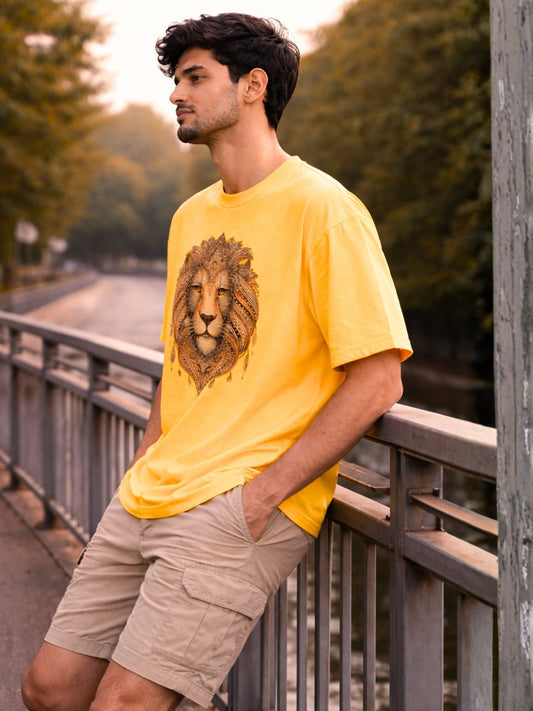 Men's Yellow Regal Lion Graphic Printed Oversized T-Shirt