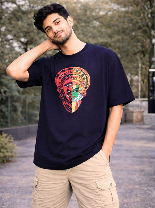 Navy Blue Kathakali Graphic Printed Oversized T-Shirt