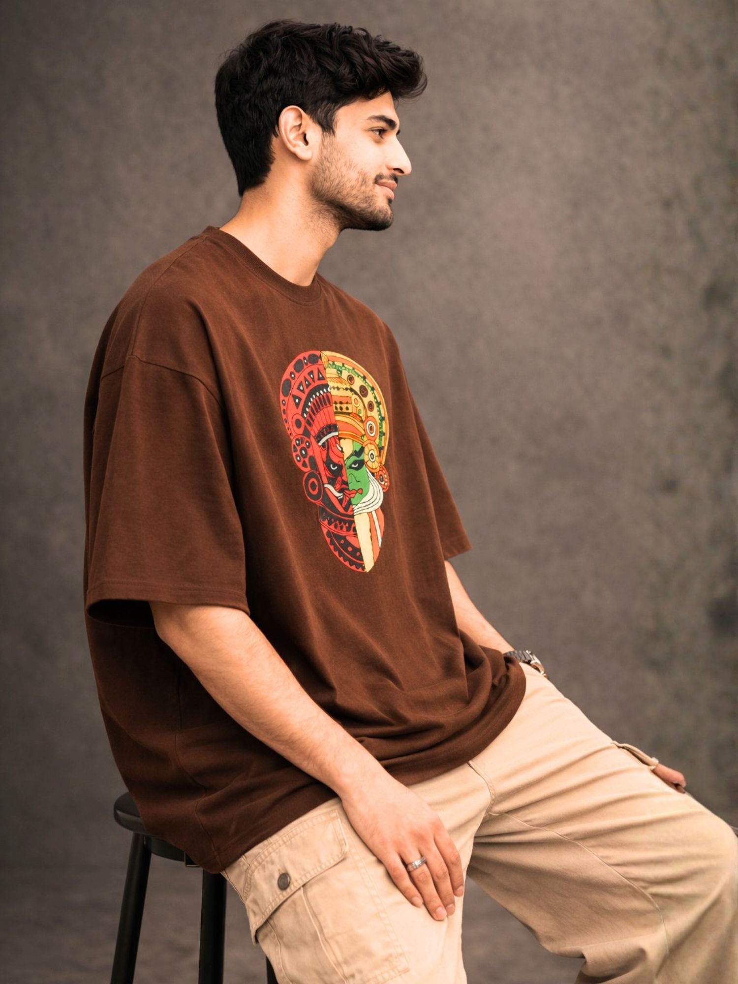 Men's Brown Kathakali Graphic Printed Oversized T-Shirt