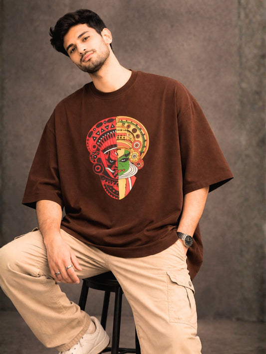 Men's Brown Kathakali Graphic Printed Oversized T-Shirt