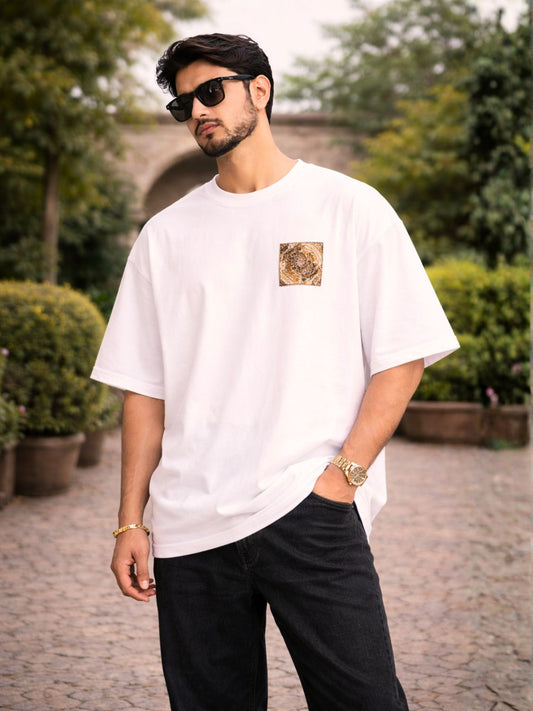 Men's White Paisley Heritage Graphic Printed Oversized T-Shirt