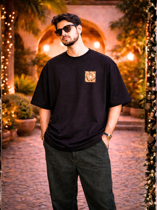 Men's Black Paisley Heritage Graphic Printed Oversized T-Shirt