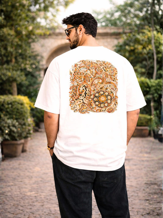 Men's White Paisley Heritage Graphic Printed Oversized T-Shirt