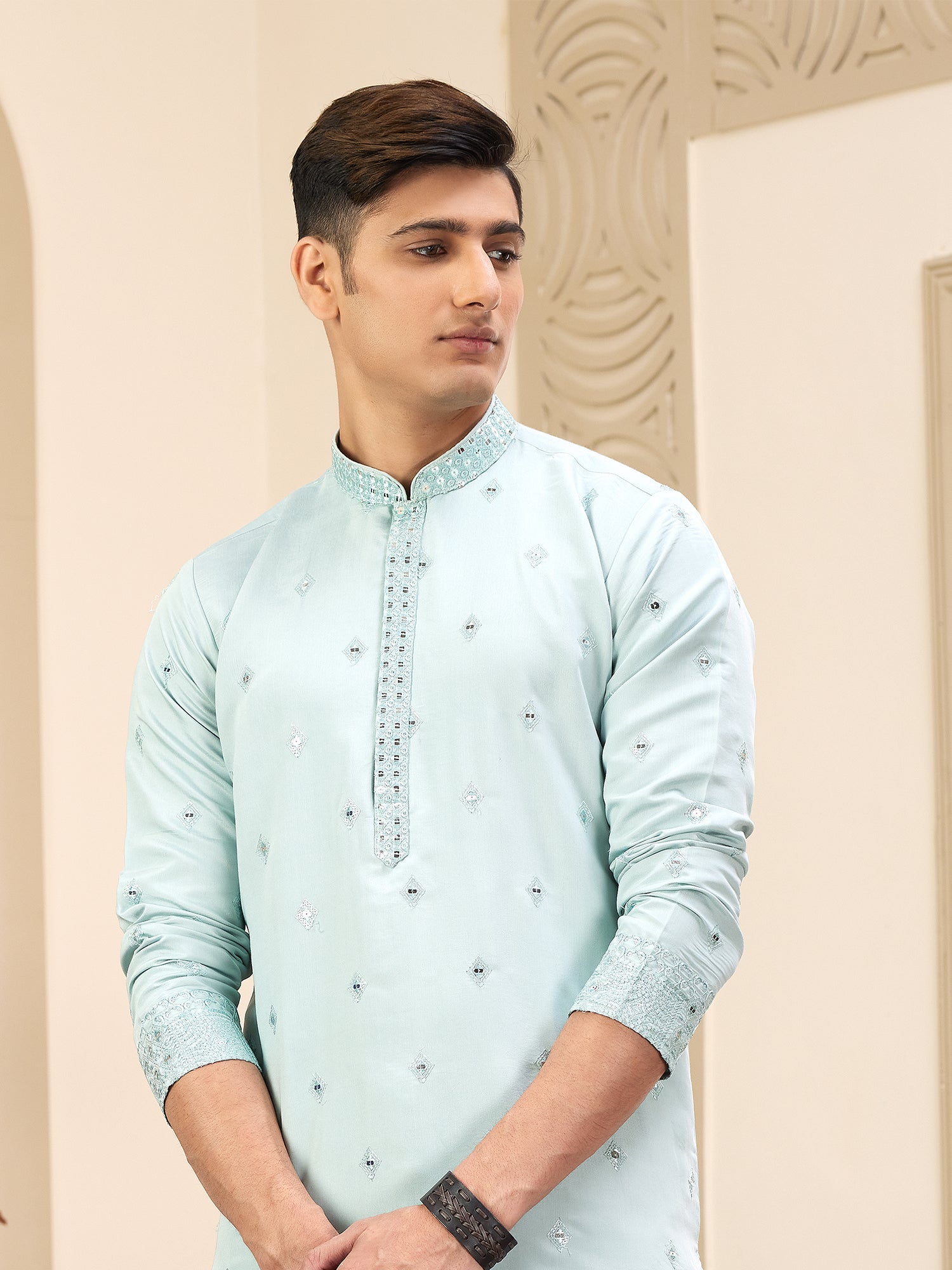 Pista Green Art Silk Kurta Pajama