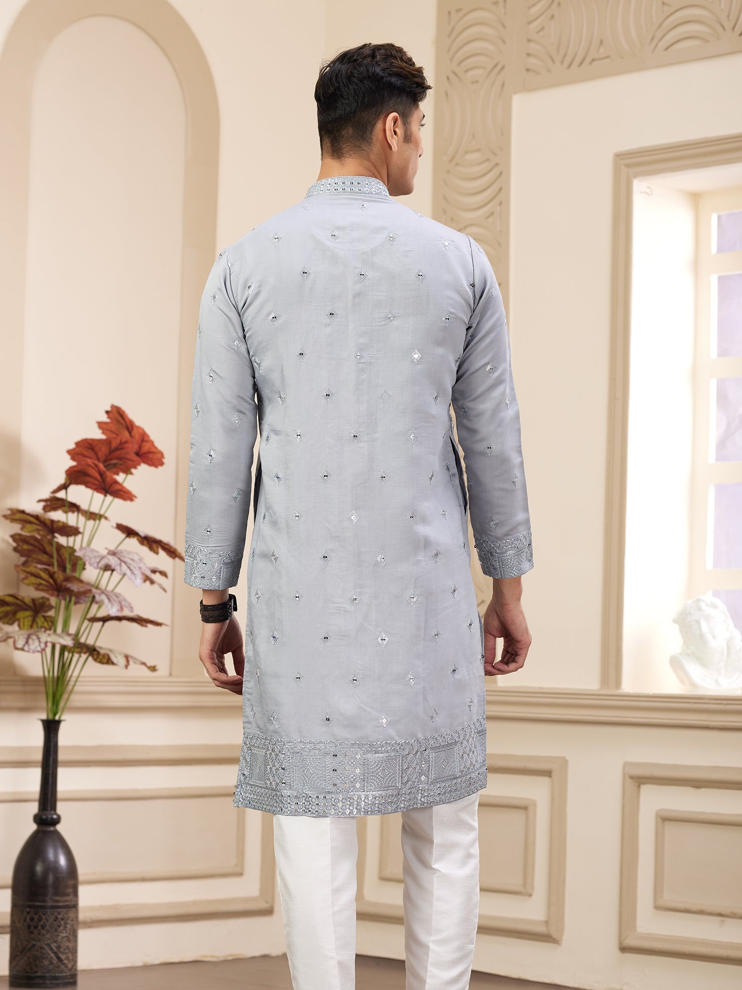 Light Grey Art Silk Festive Kurta Pajama