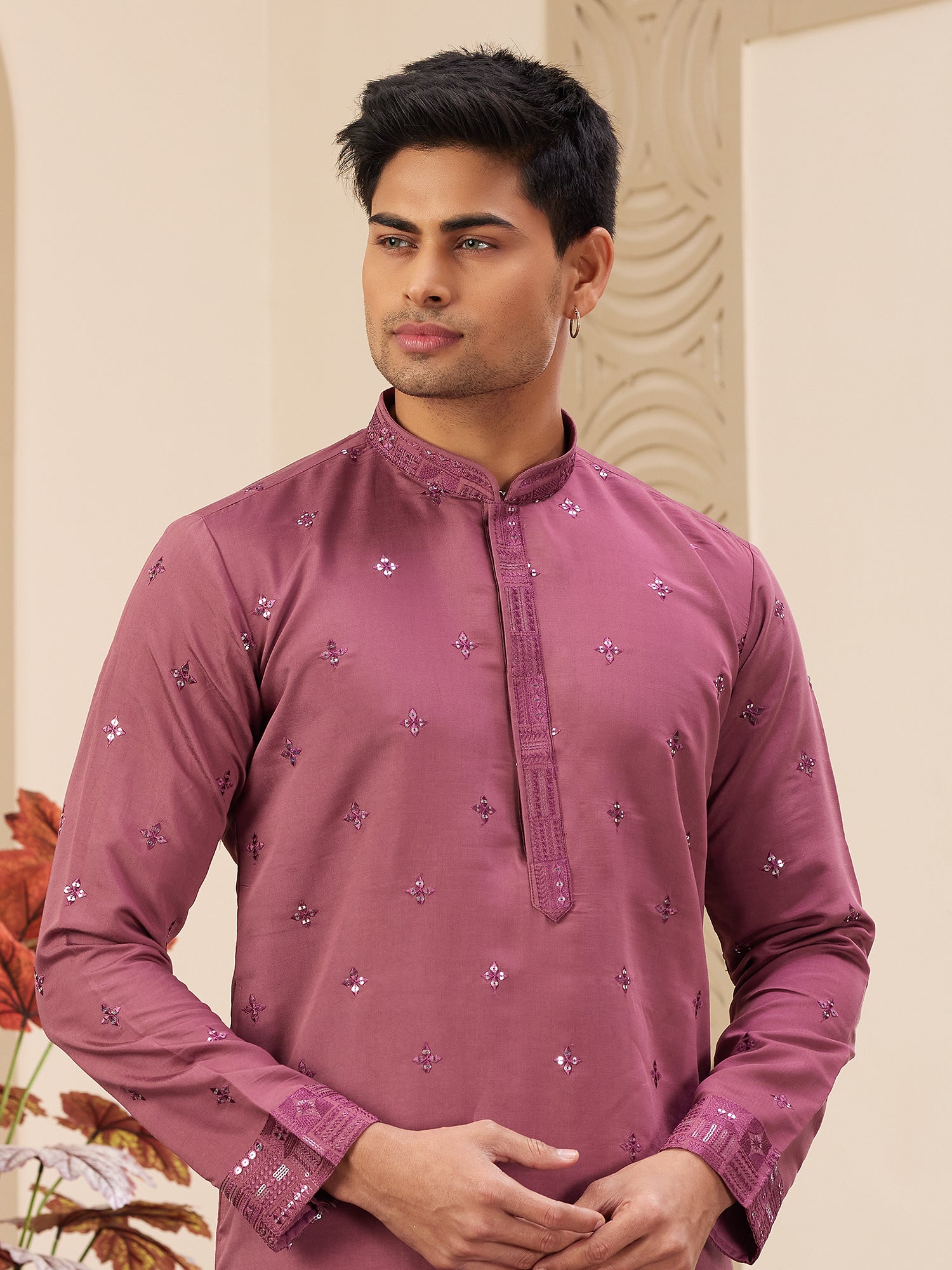 Pink Art Silk Kurta Pajama For Men