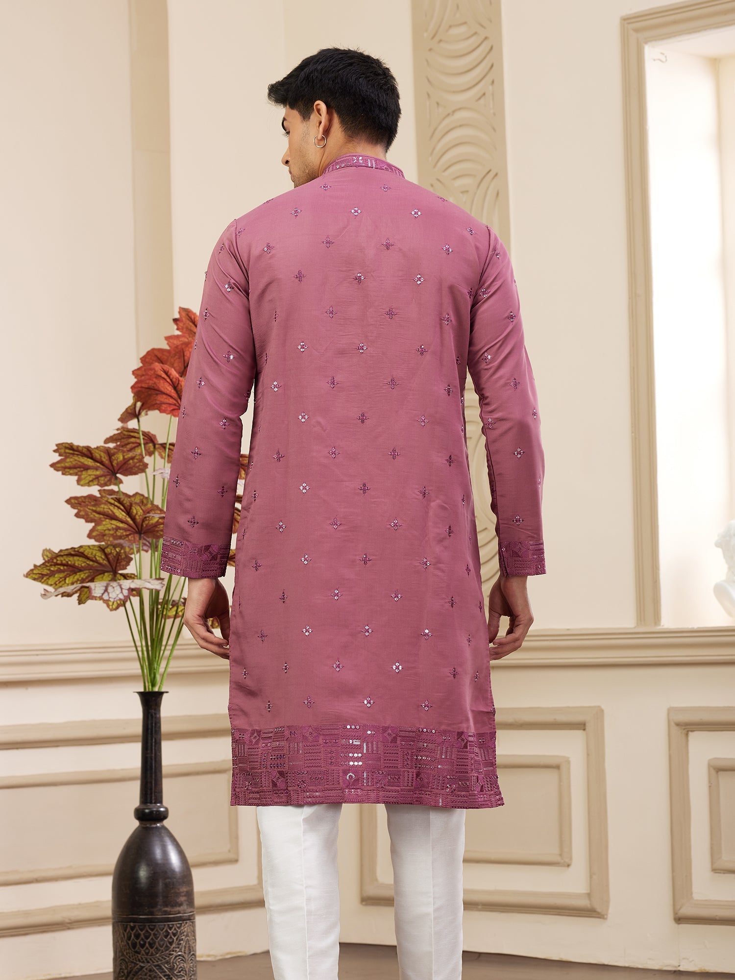 Pink Art Silk Kurta Pajama For Men