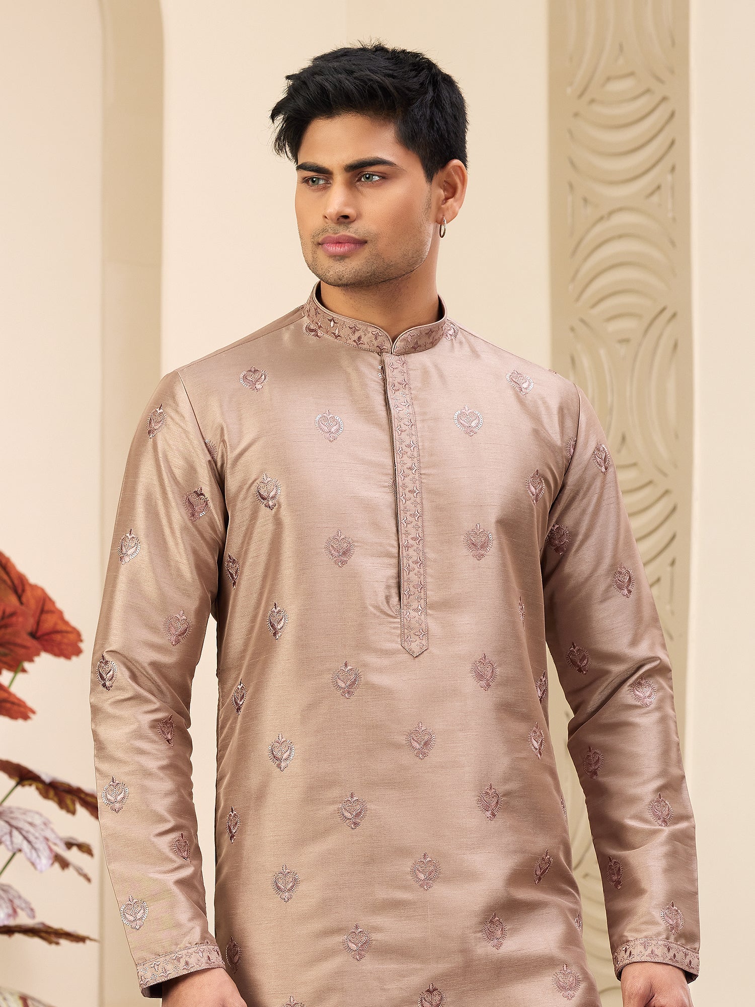 Brown Art Silk Festive Kurta Pyjama Set