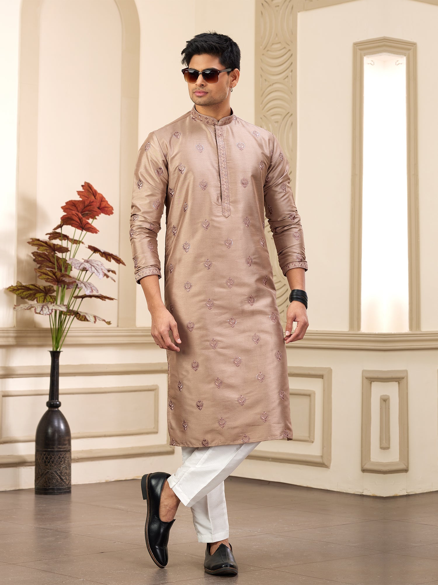 Brown Art Silk Festive Kurta Pyjama Set