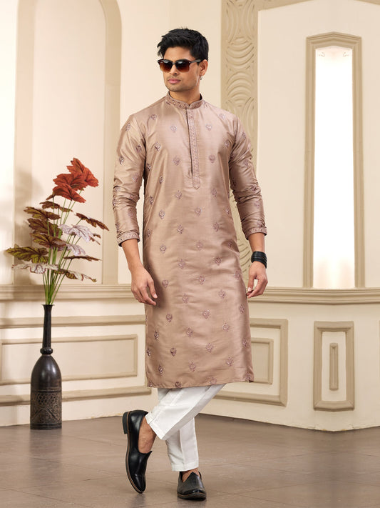 Brown Art Silk Festive Kurta Pyjama Set