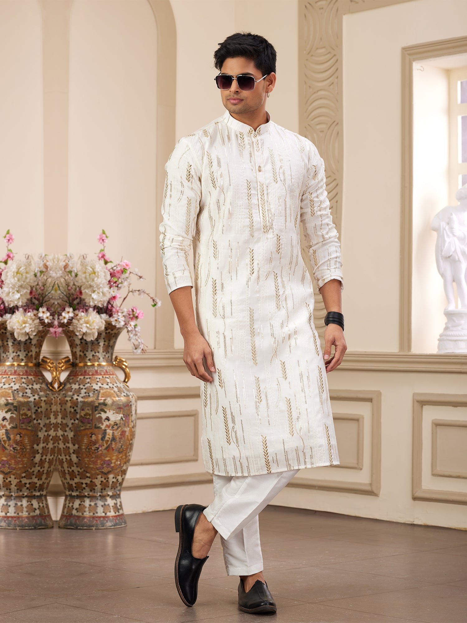 Festive Cream Art Silk Festive Kurta Pajama