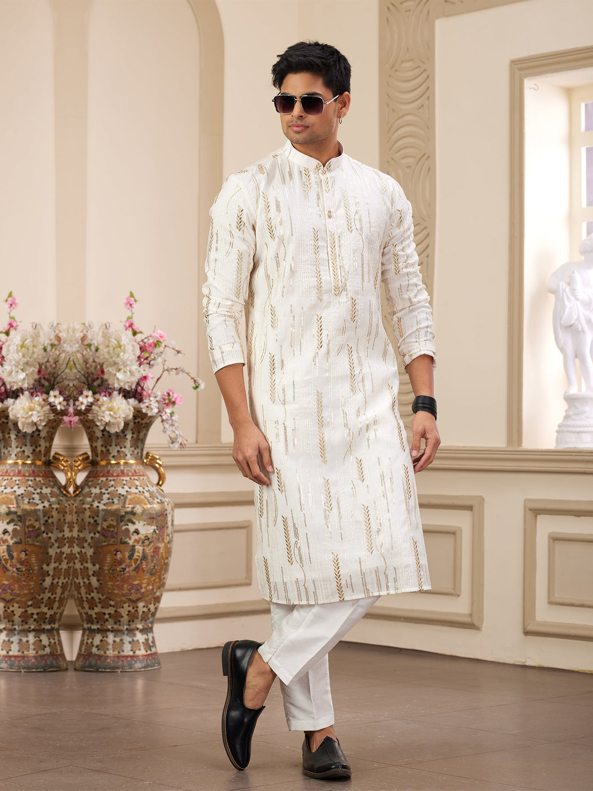 Festive Cream Art Silk Festive Kurta Pajama