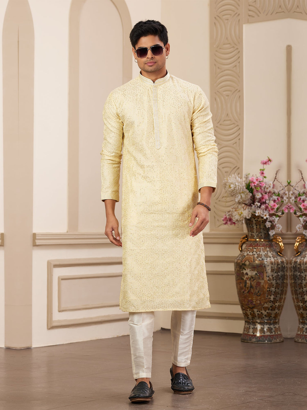Yellow Art Silk Festive Kurta Pyjama Set