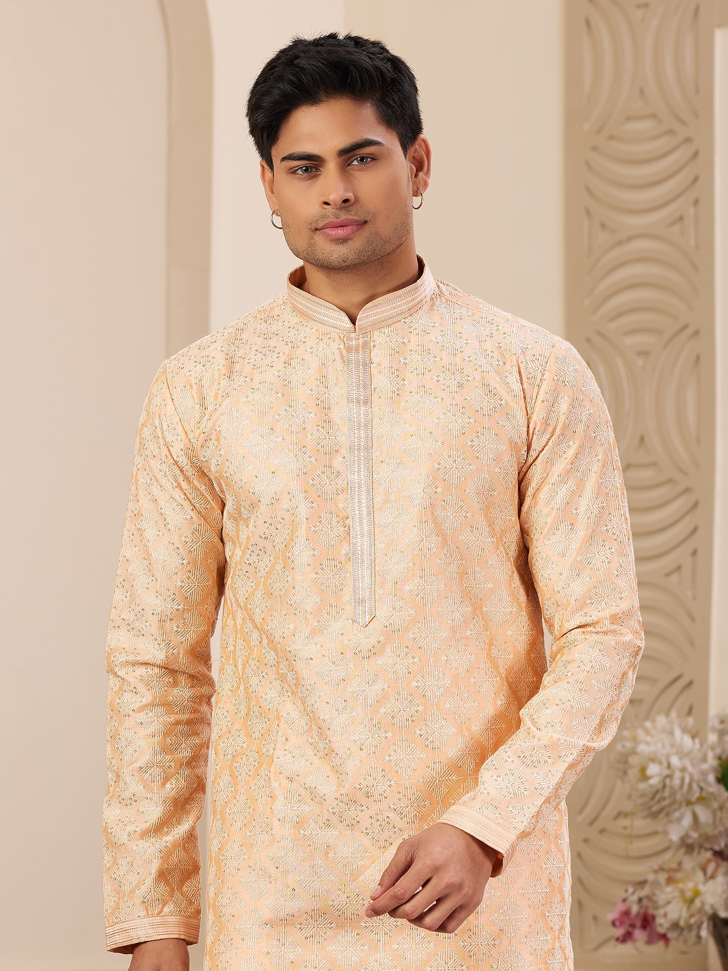 Peach Art Silk Party Wear Kurta Pajama