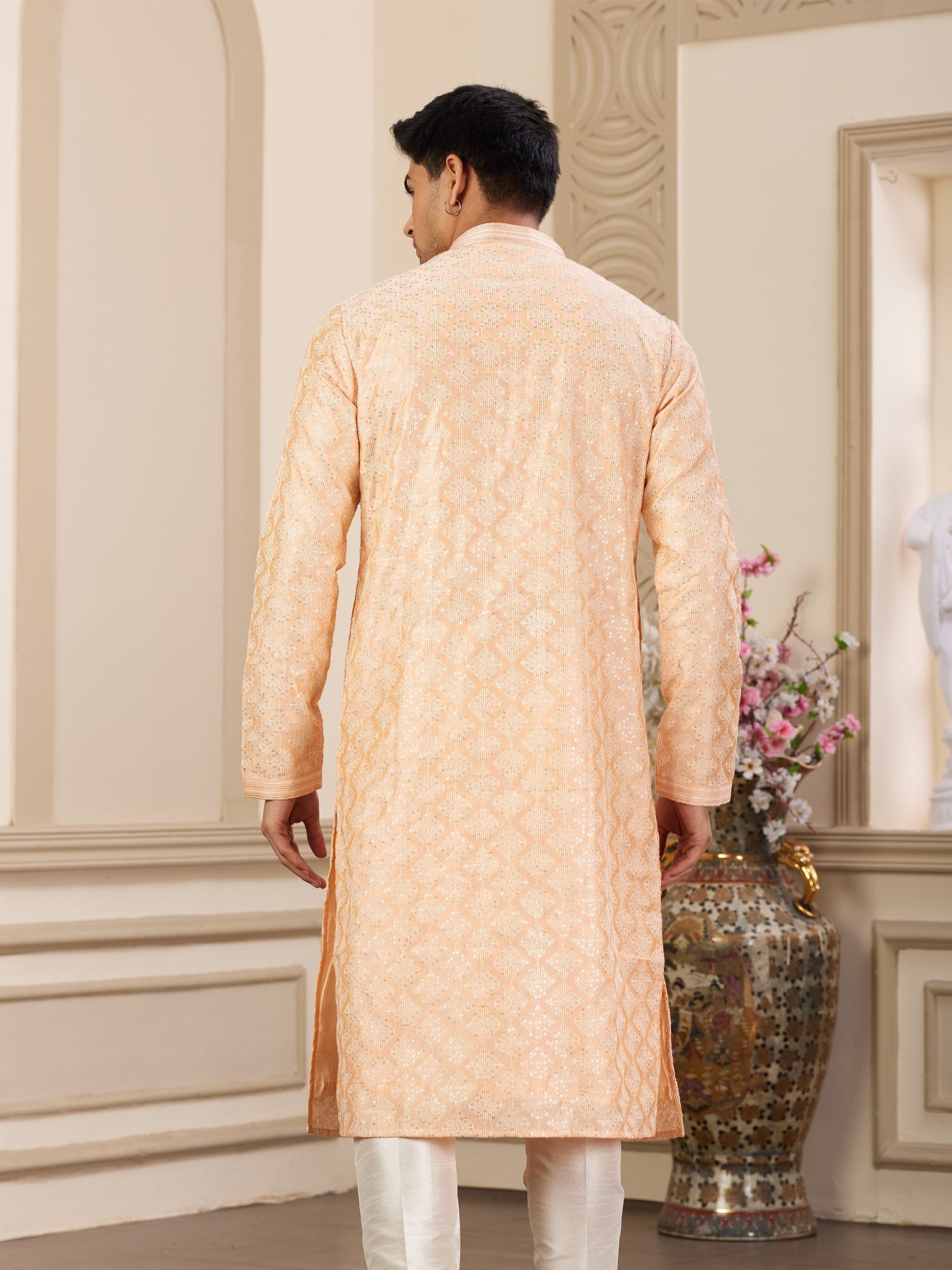 Peach Art Silk Party Wear Kurta Pajama
