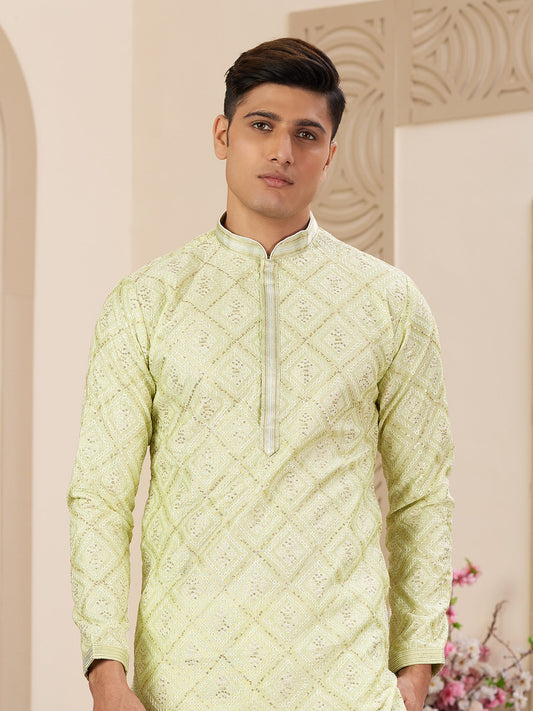 Green Art Silk Kurta Pajama For Men