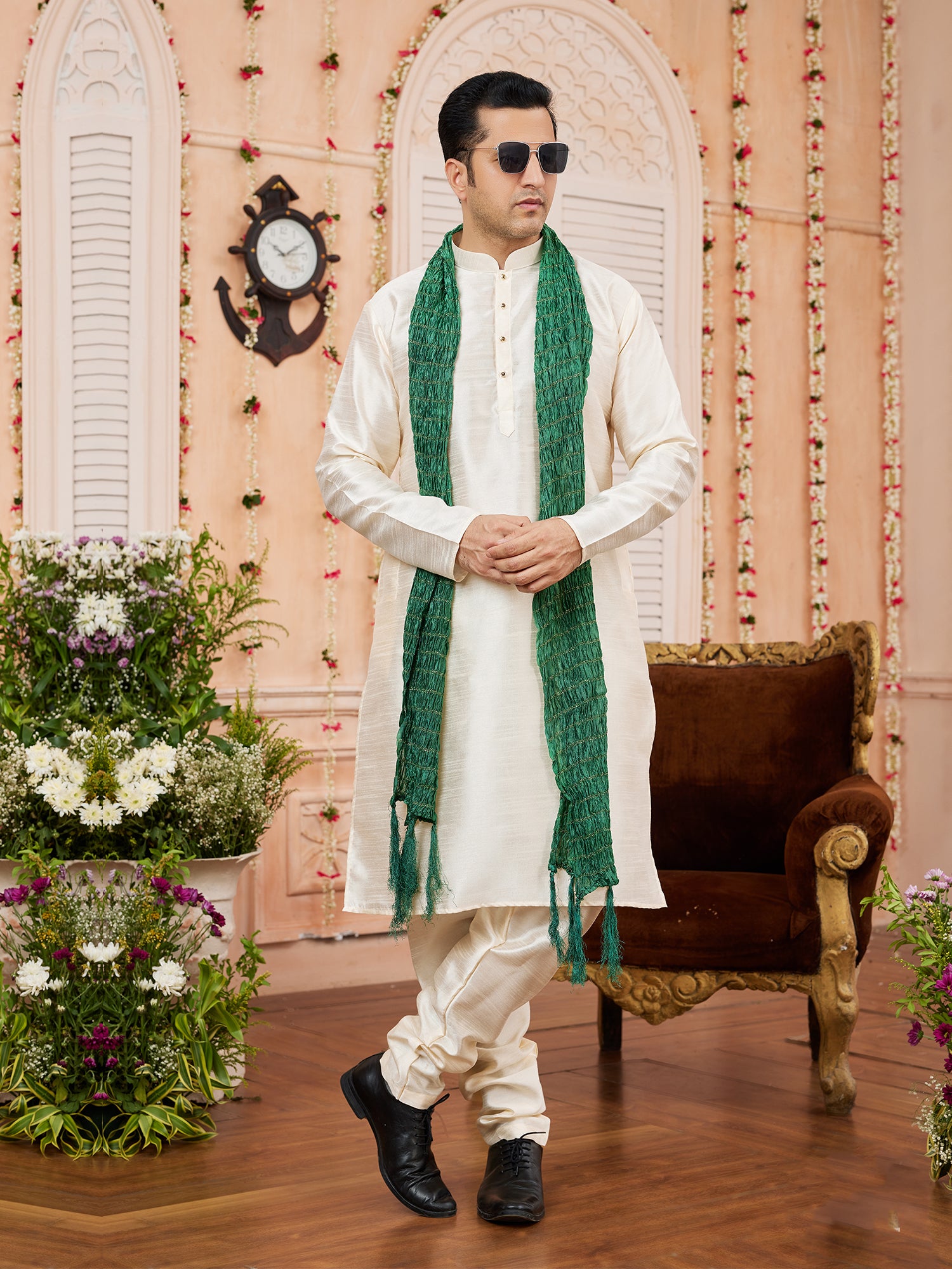 Cream Festive Wear Kurta Pajama with Stole
