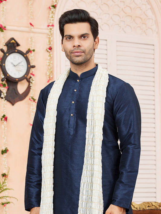 Blue Art Silk Kurta Pajama With Stole For Men
