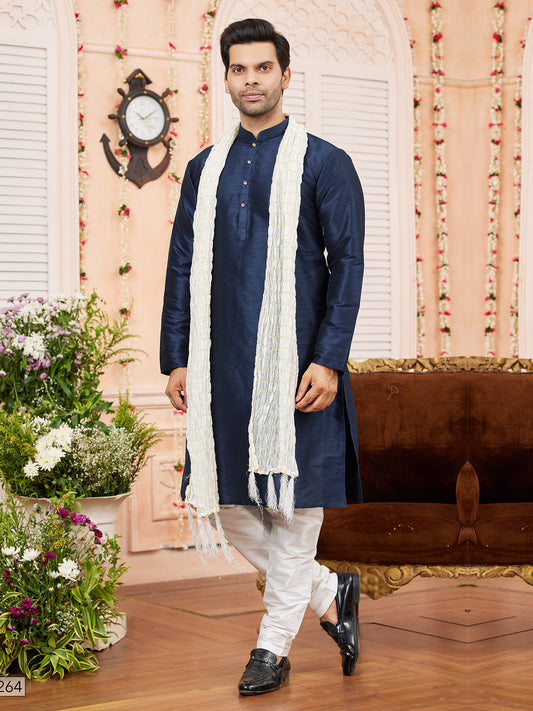 Blue Art Silk Kurta Pajama With Stole For Men