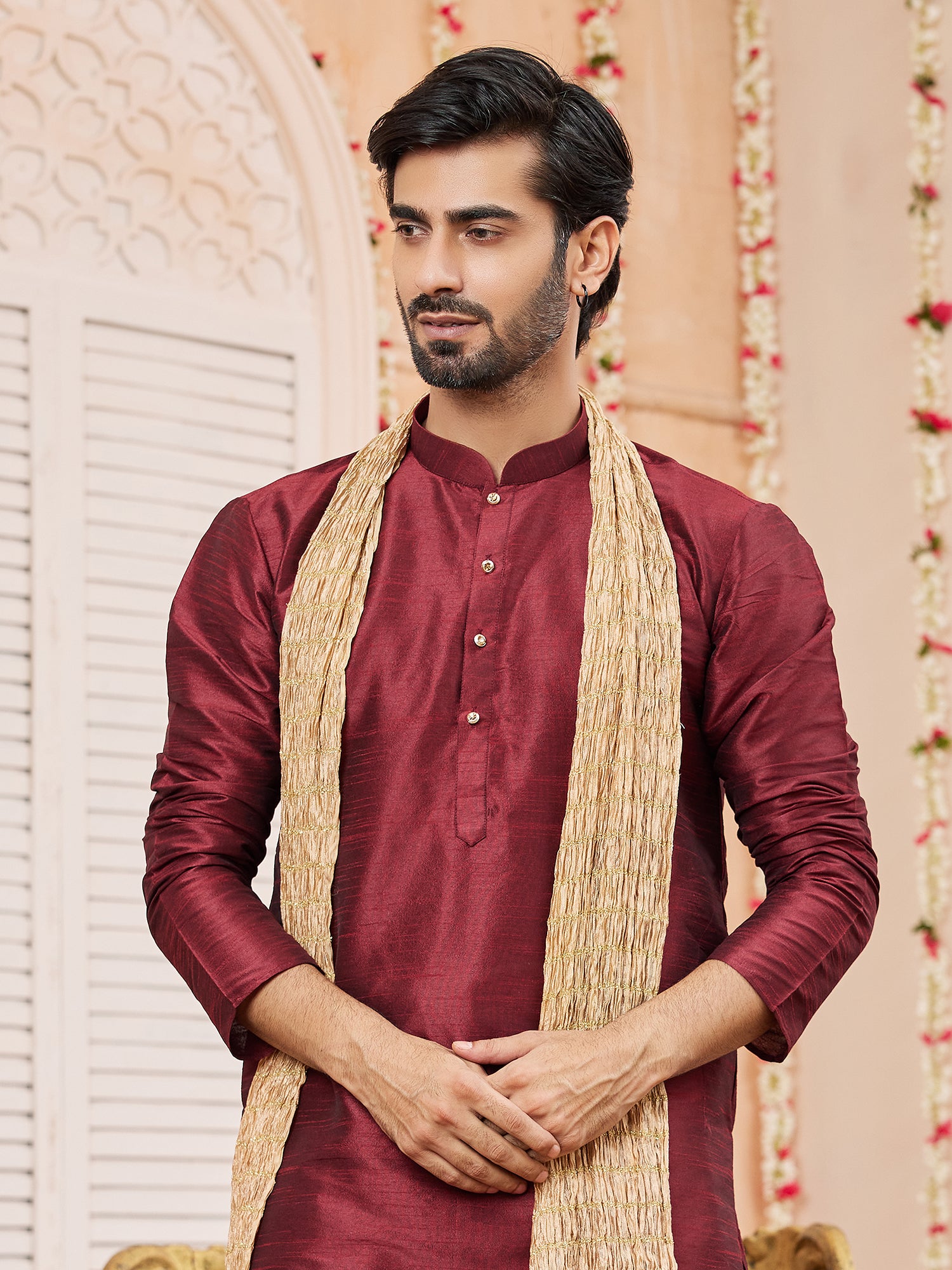 Maroon Art Silk Kurta Pajama With Stole