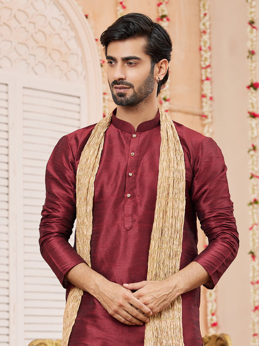 Maroon Art Silk Kurta Pajama With Stole
